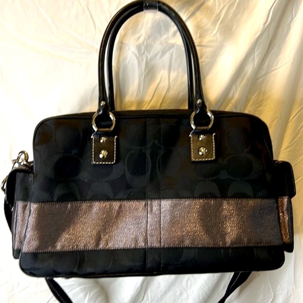 COACH Logo 2 Way Authentic Tote Bag duffel Charm Canvas Leather 10392 Black - Picture 7 of 10